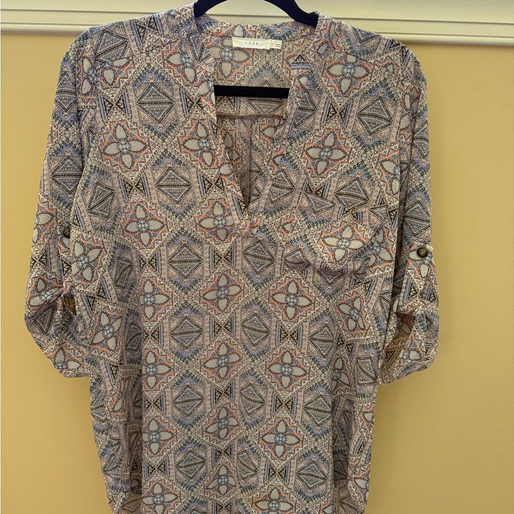 Lush, Small, Mosaic Tile Tunic Top with Pocket on Chest.
